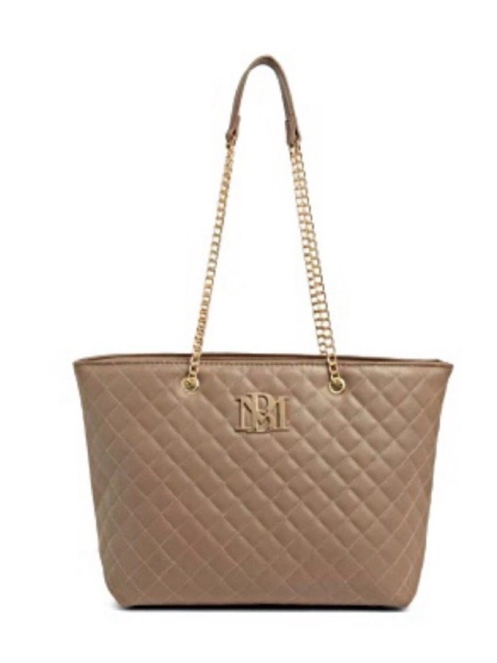 Badgley Mischka Quilted Taupe Tote with Gold Chain Straps
